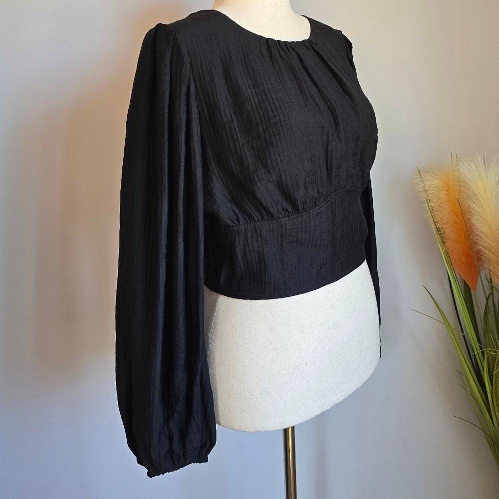 Anthropologie NWT Current Air Black Sequin Back Blouson Sleeve Top SZ Large Glam - Picture 7 of 13